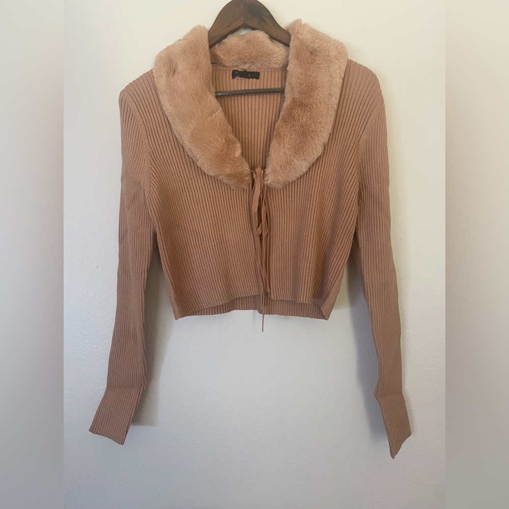 NWOT Love Tree Camel Tie-Accent Shawl Collar Cardigan - Picture 2 of 7